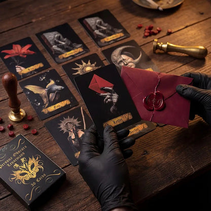 Persona Obscura Lenormand Letter card with sealed envelope wax seal dark ritual reading scene black gloves