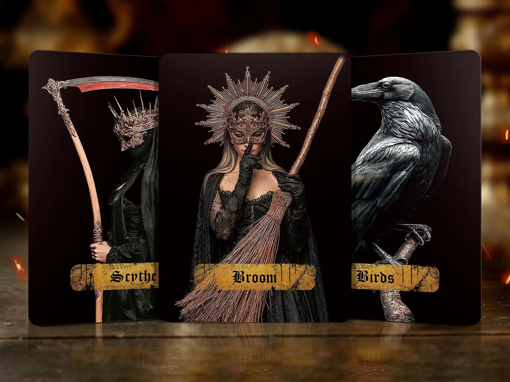 Persona Obscura Lenormand Scythe Broom Birds cards dark gothic oracle deck raven and masked figure