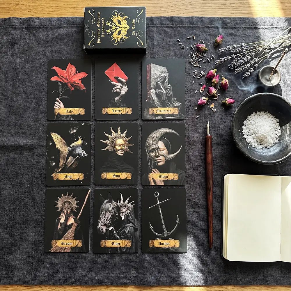 Persona Obscura Lenormand spread with multiple cards ritual setup herbs incense notebook flatlay reading scene
