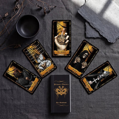 Persona Obscura Tarot ritual flat lay with scattered cards and cup on dark textured background