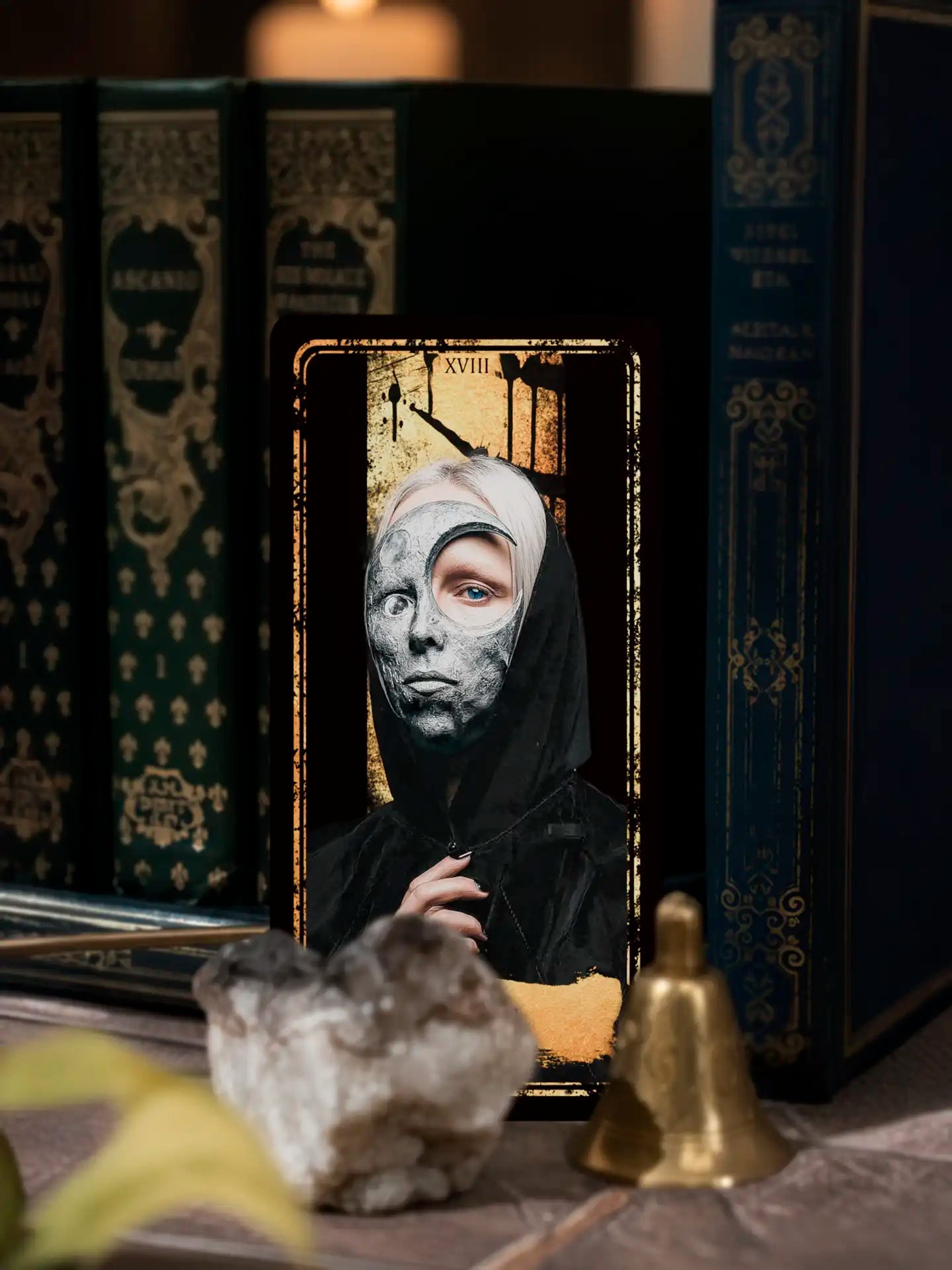 Persona Obscura Tarot deck card with masked figure, gothic black-and-gold artwork, luxury occult style