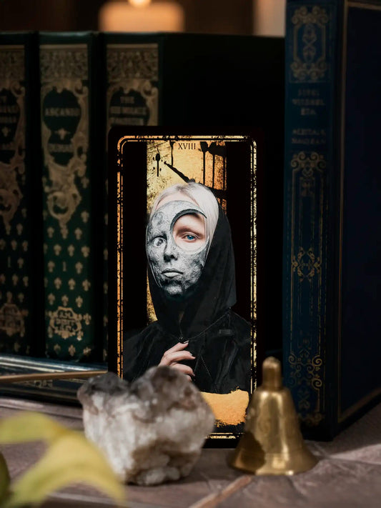 Persona Obscura Tarot deck card with masked figure, gothic black-and-gold artwork, luxury occult style