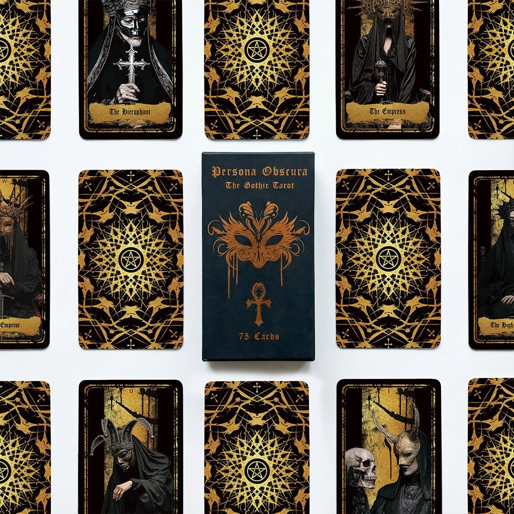 Persona Obscura Tarot card backs and printed guidebook flat lay, ornate gold pattern on black