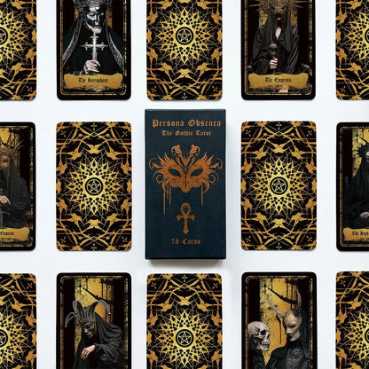 Persona Obscura Tarot card backs and printed guidebook flat lay, ornate gold pattern on black