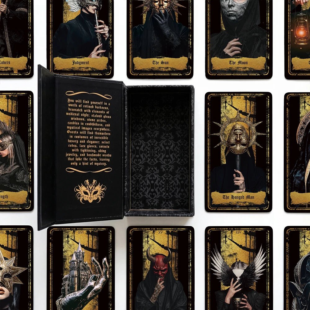 Persona Obscura Tarot printed guidebook and cards layout, dark luxury black-and-gold design
