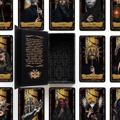 Persona Obscura Tarot printed guidebook and cards layout, dark luxury black-and-gold design