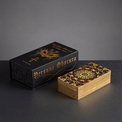 Persona Obscura Tarot deck and embossed collector box, matte black packaging with gold foil details