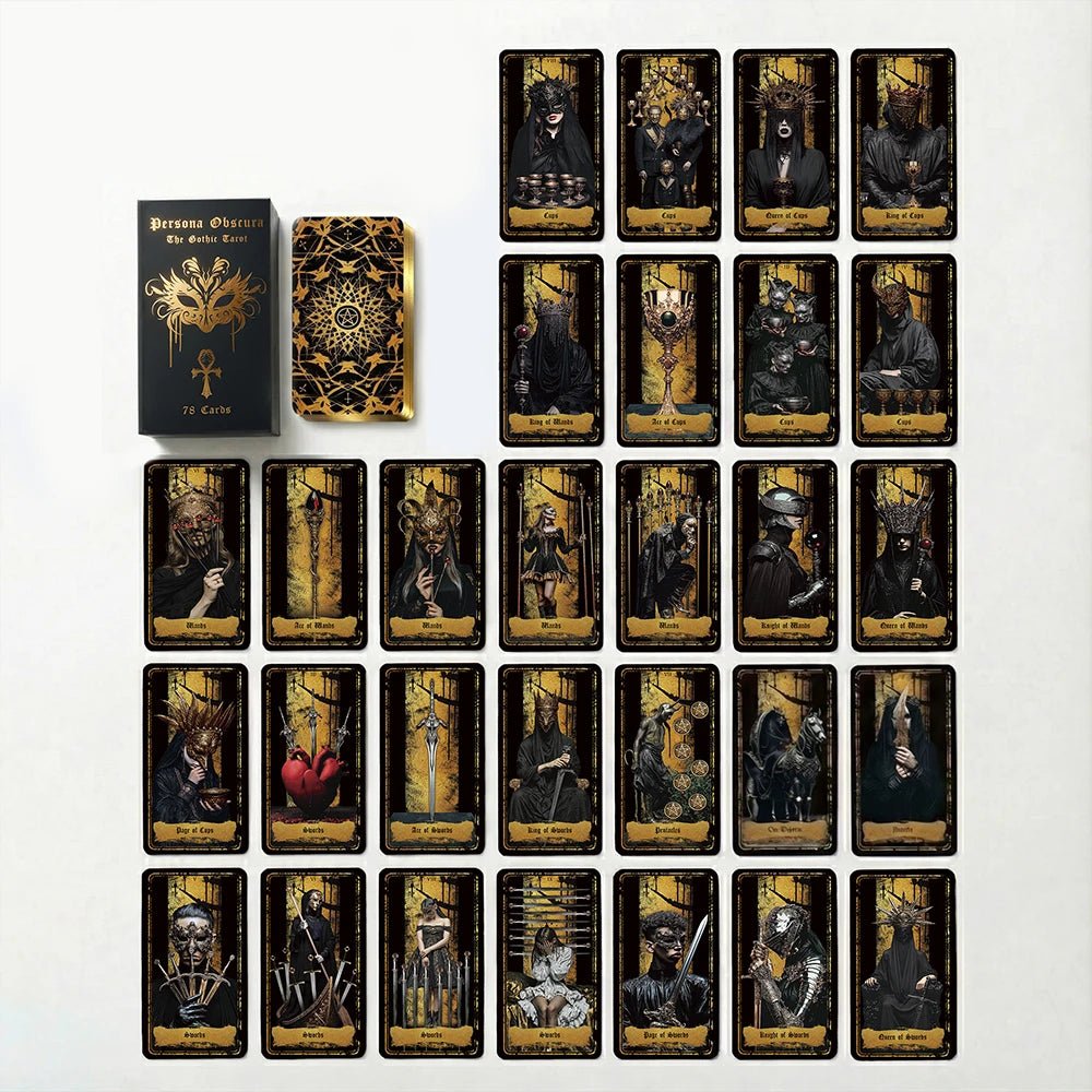 All 78 Persona Obscura Tarot cards displayed as a full set, gothic black-and-gold Rider–Waite system