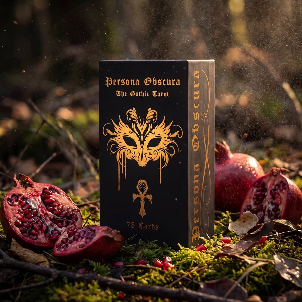 Persona Obscura Tarot collector box outdoors with pomegranate, cinematic dark luxury mood photo