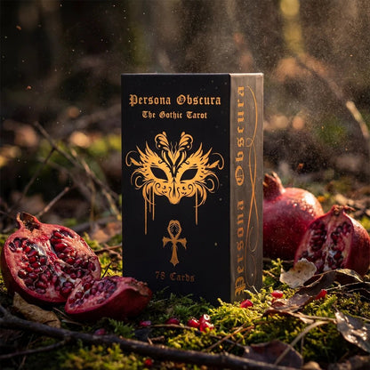 Persona Obscura Tarot collector box outdoors with pomegranate, cinematic dark luxury mood photo