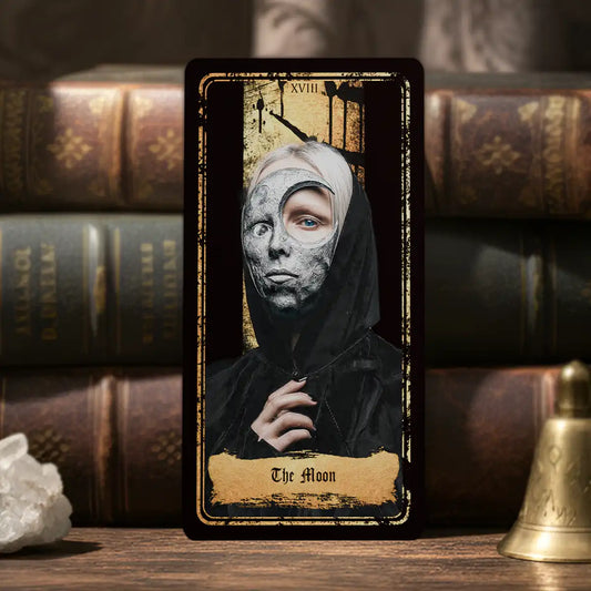 Persona Obscura Tarot The Moon card gothic masked figure mystical symbolism dark tarot illustration