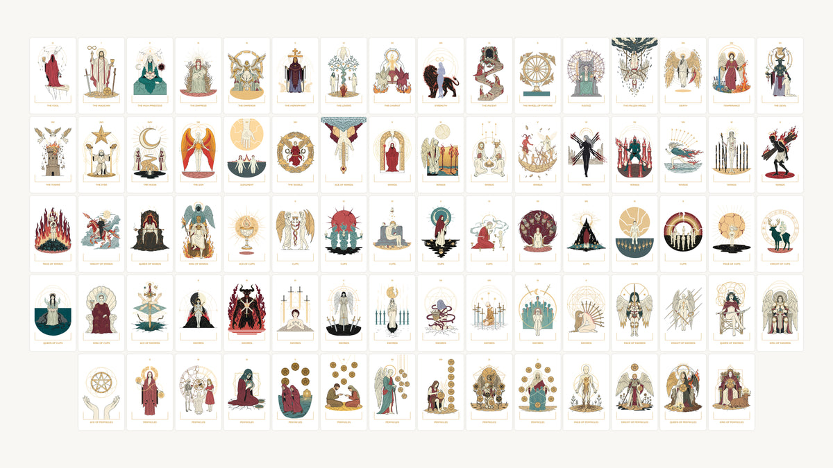 All 78 Seraphim Tarot cards on a light background with rounded corners