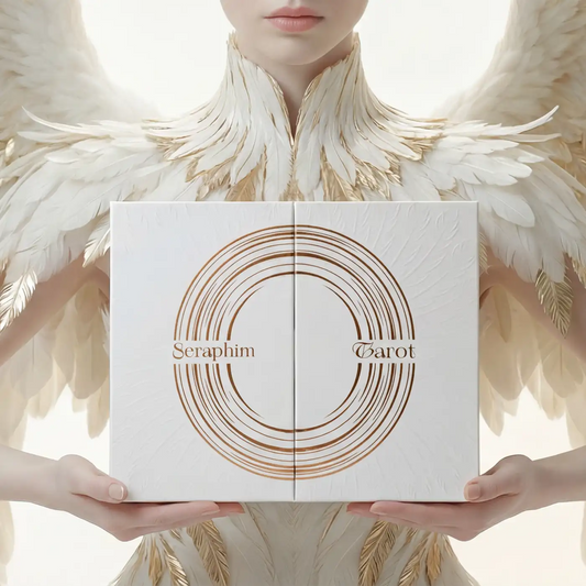 Seraphim Tarot box held by angelic figure with wings, divine aesthetic presentation
