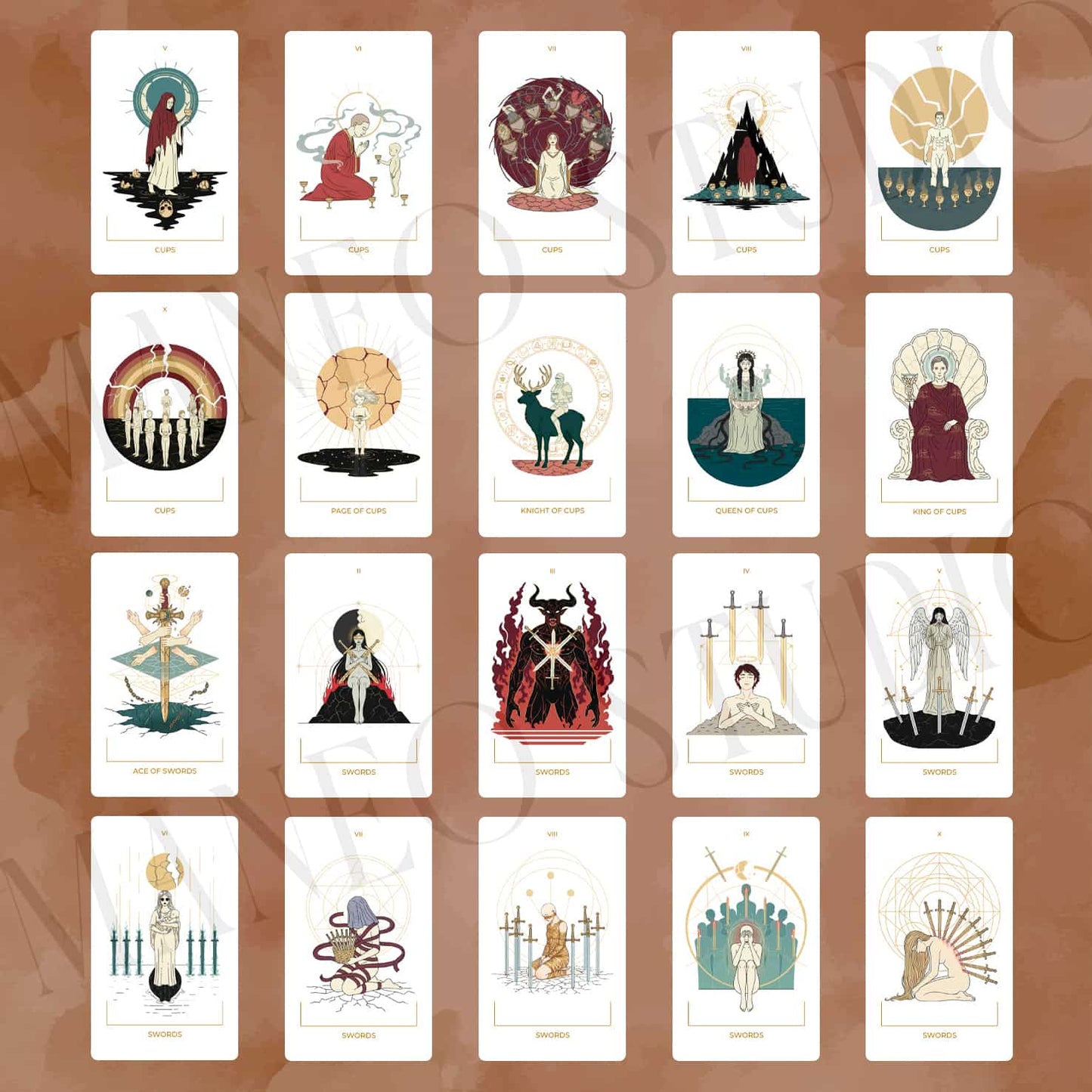 Seraphim Tarot card gallery showing the Cups suit from Five through King and the Swords suit from Ace through Ten.
