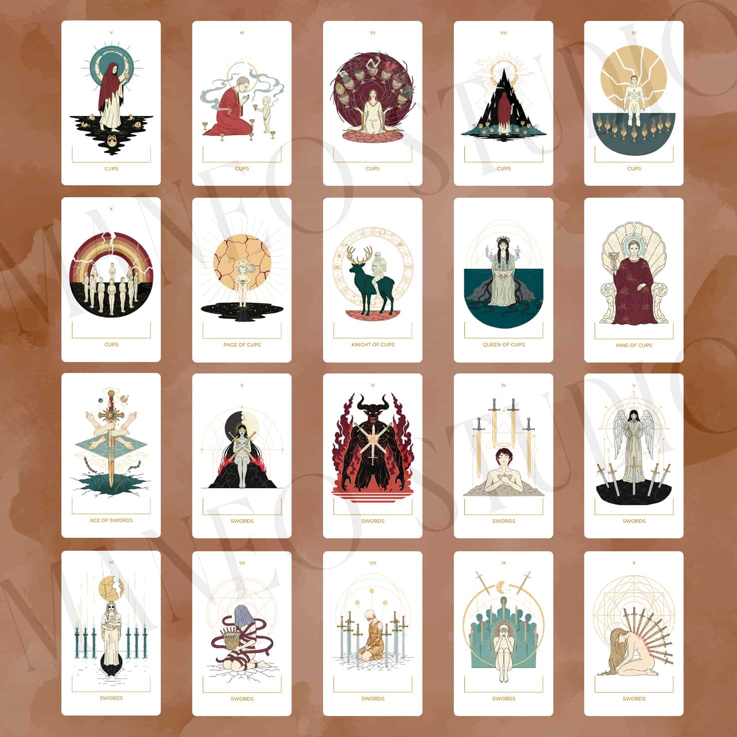 Seraphim Tarot card gallery showing the Cups suit from Five through King and the Swords suit from Ace through Ten.