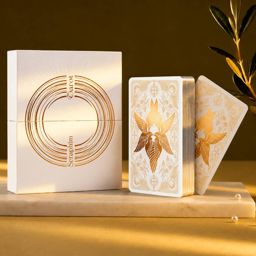 Seraphim Tarot collector box beside the 78-card deck, showing a gold foil card back and silver gilded edges.