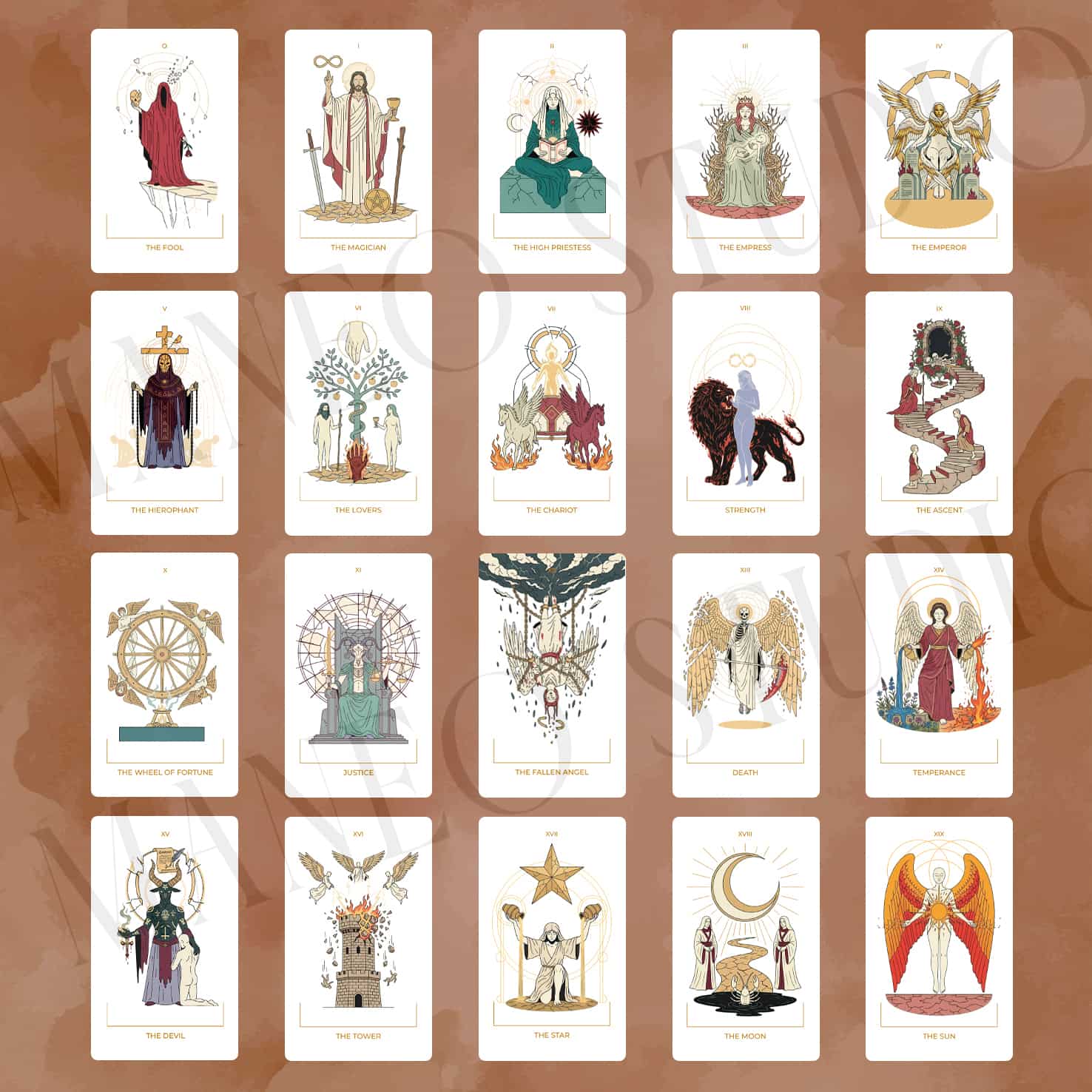 Seraphim Tarot Major Arcana gallery featuring Biblical angels, sacred symbols, and reimagined Rider-Waite archetypes.
