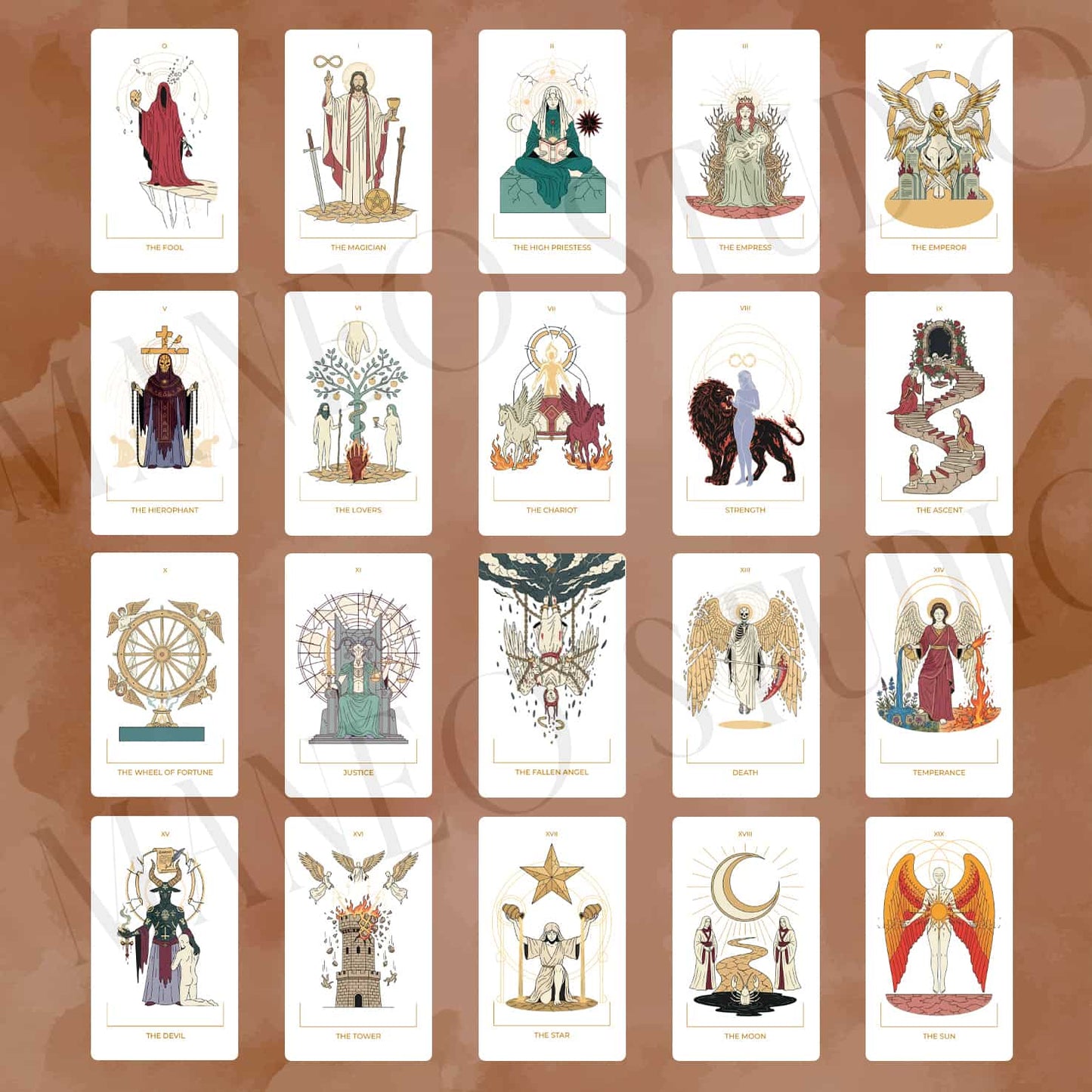 Seraphim Tarot Major Arcana gallery featuring Biblical angels, sacred symbols, and reimagined Rider-Waite archetypes.