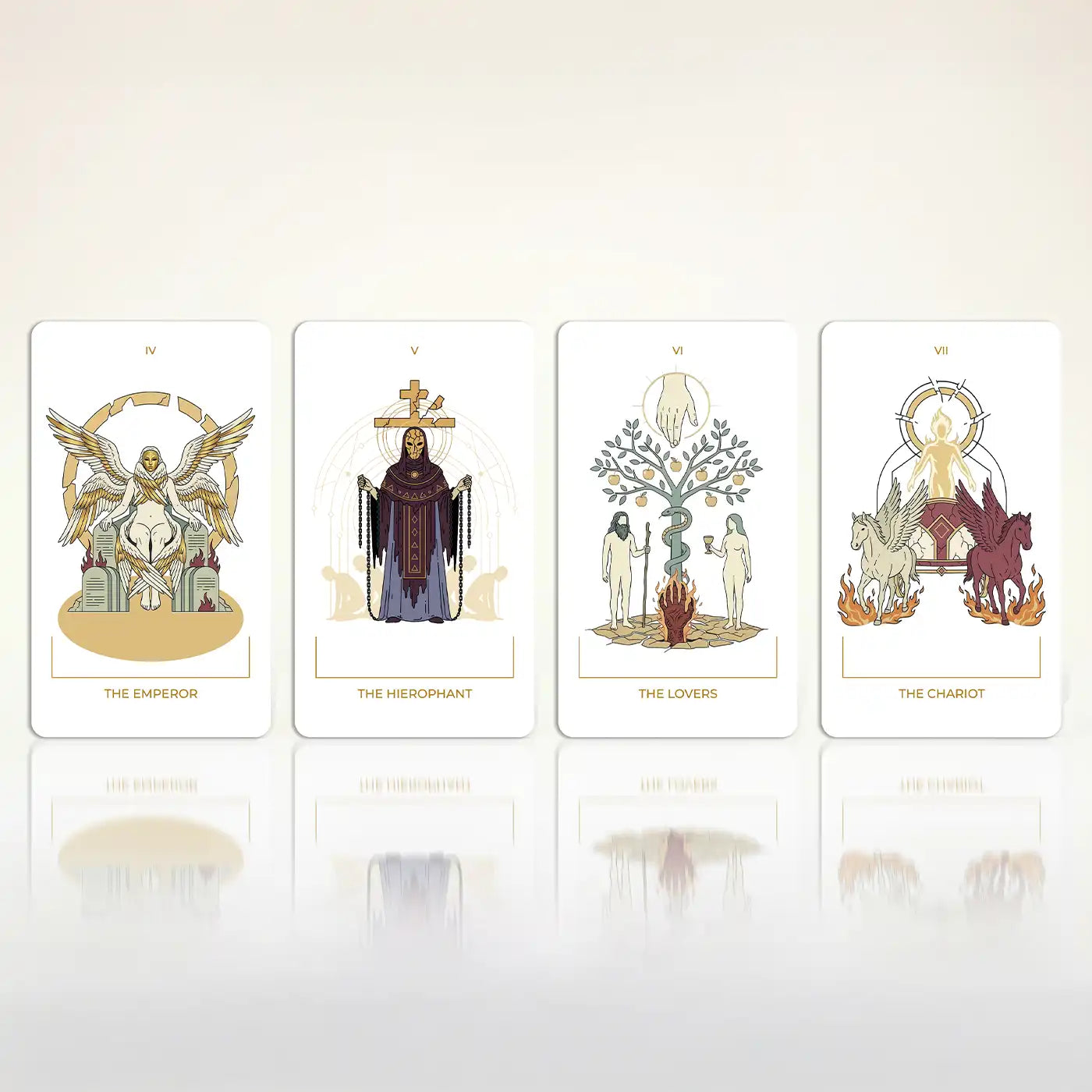 Seraphim Tarot cards The Emperor, The Hierophant, The Lovers and The Chariot displayed in a minimal white layout