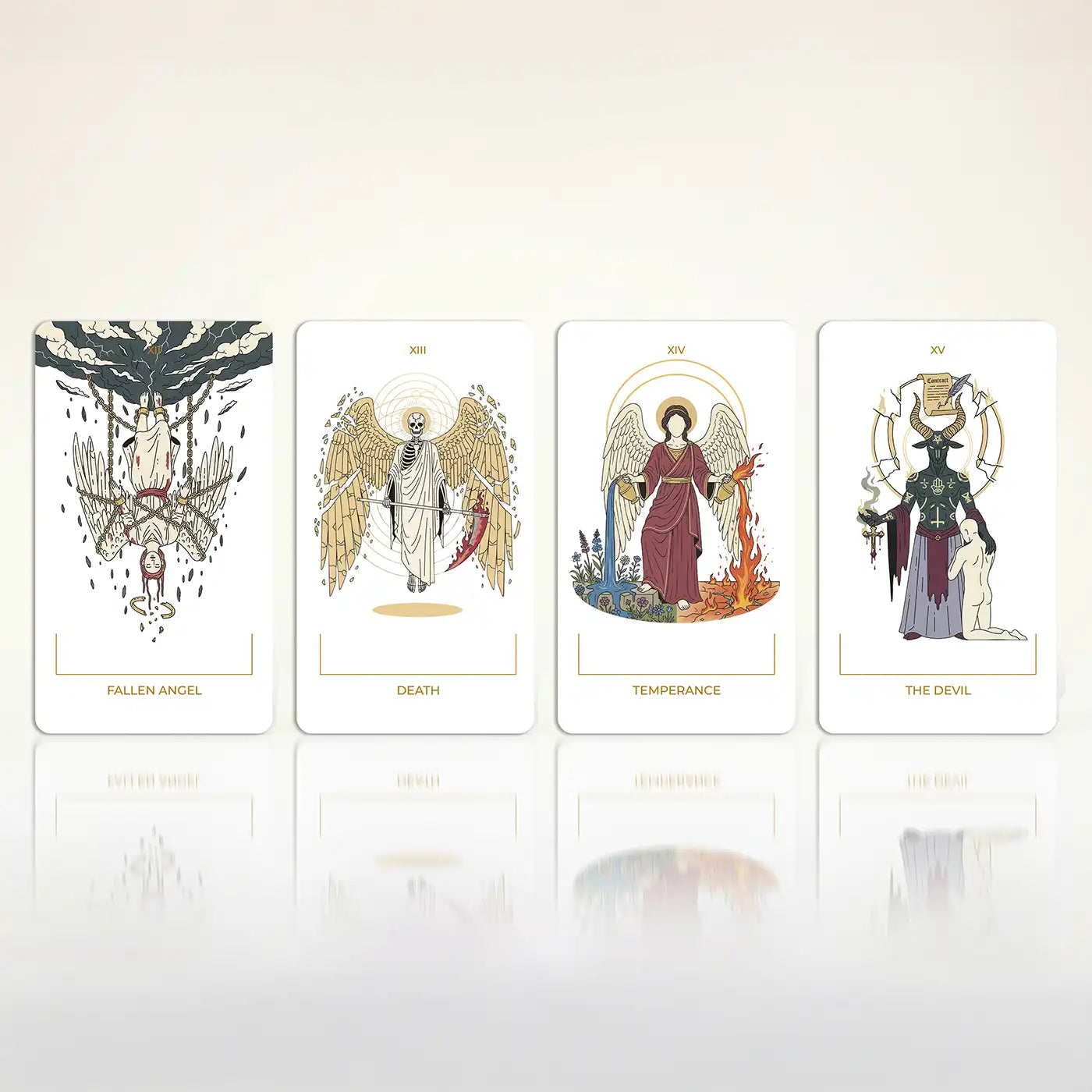 Seraphim Tarot cards Fallen Angel, Death, Temperance and The Devil displayed in a clean white layout