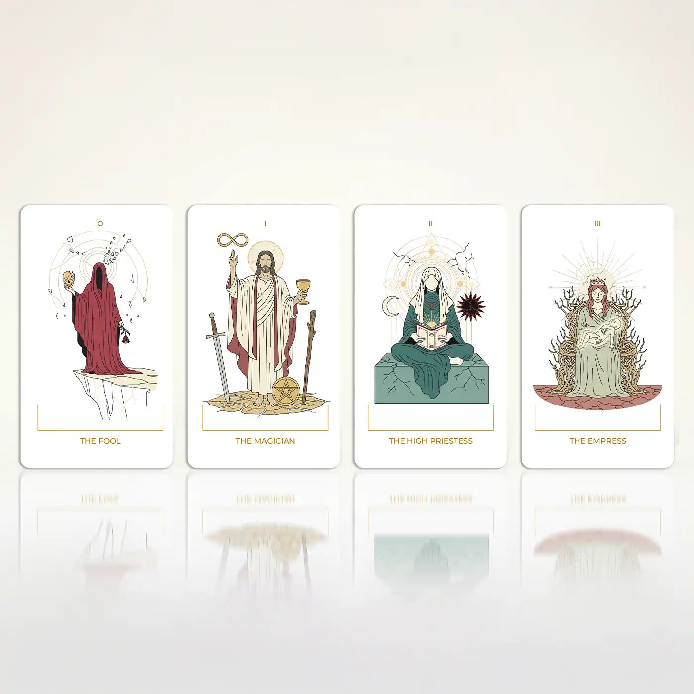 Seraphim Tarot cards The Fool, The Magician, The High Priestess and The Empress displayed in a clean white layout