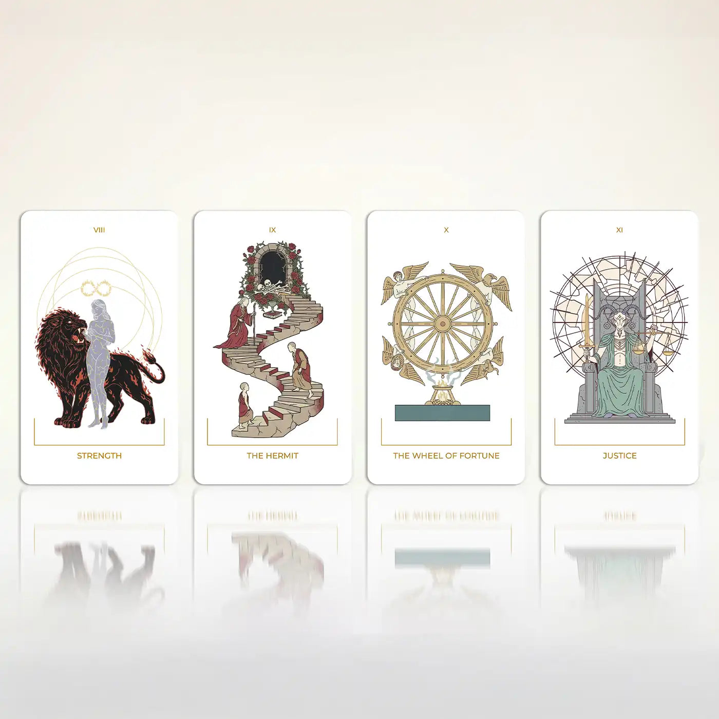 Seraphim Tarot cards Strength, The Hermit, The Wheel of Fortune and Justice displayed in a bright white layout