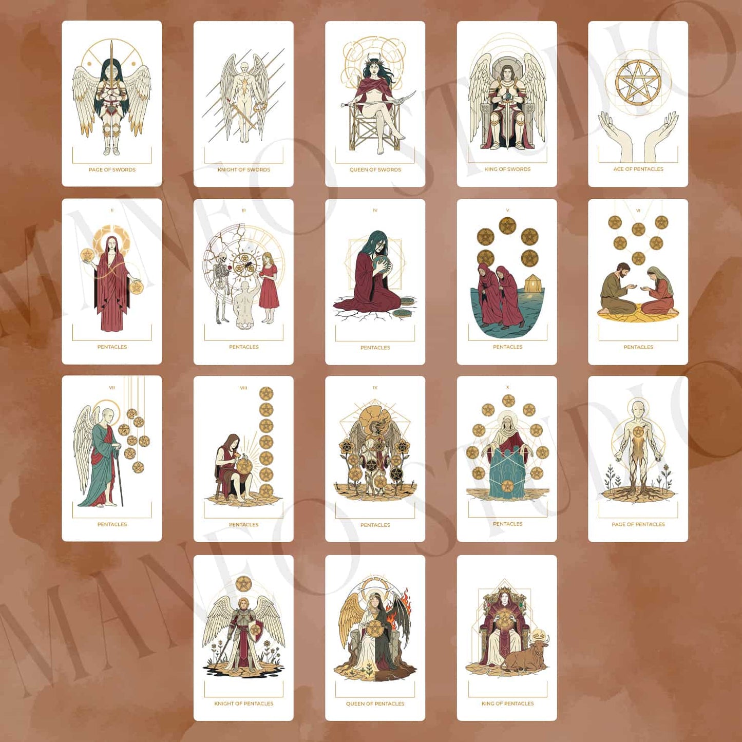 Seraphim Tarot card gallery showing the Swords court cards and the complete Pentacles suit with angelic Biblical imagery.