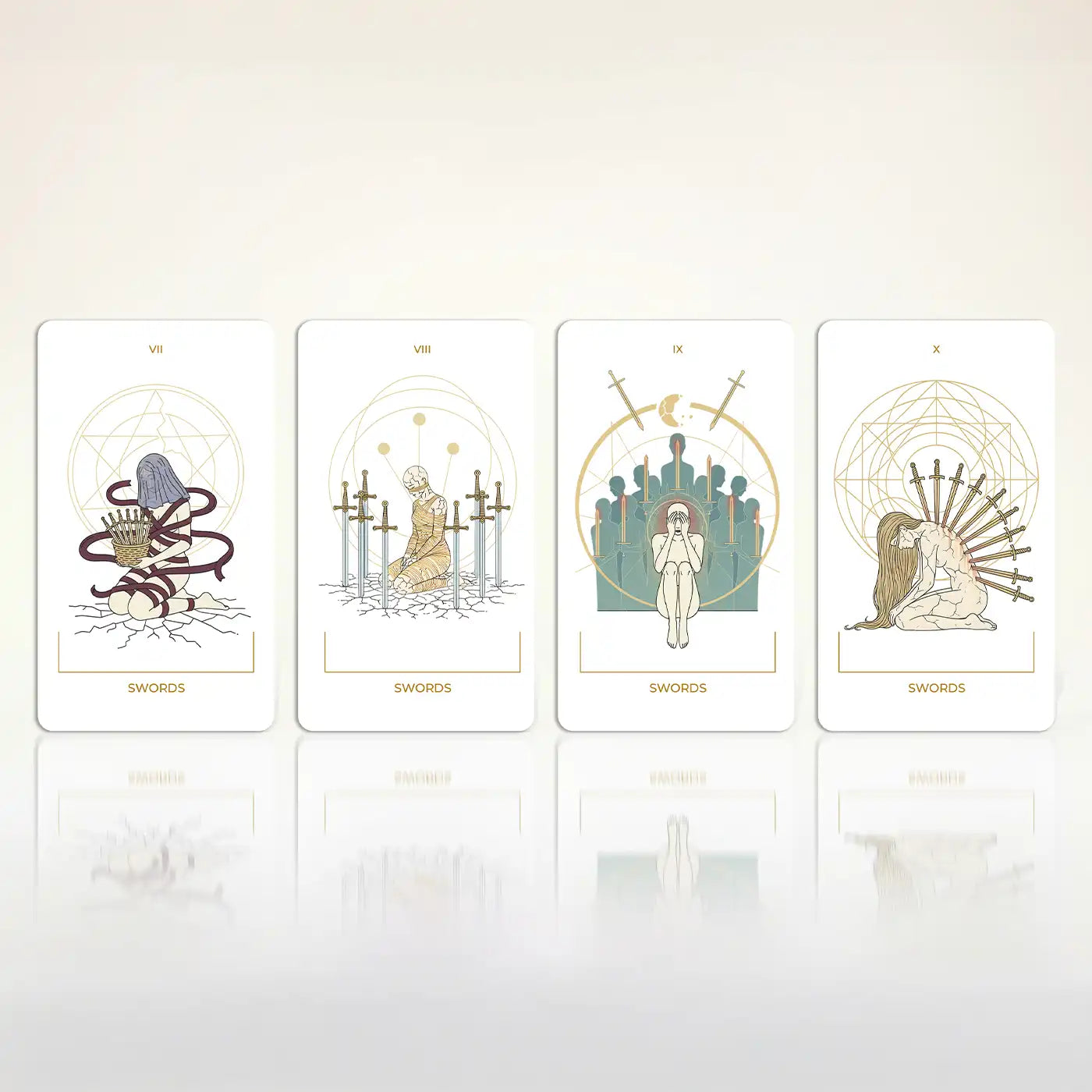 Seraphim Tarot Swords cards showing Seven of Swords, Eight of Swords, Nine of Swords and Ten of Swords