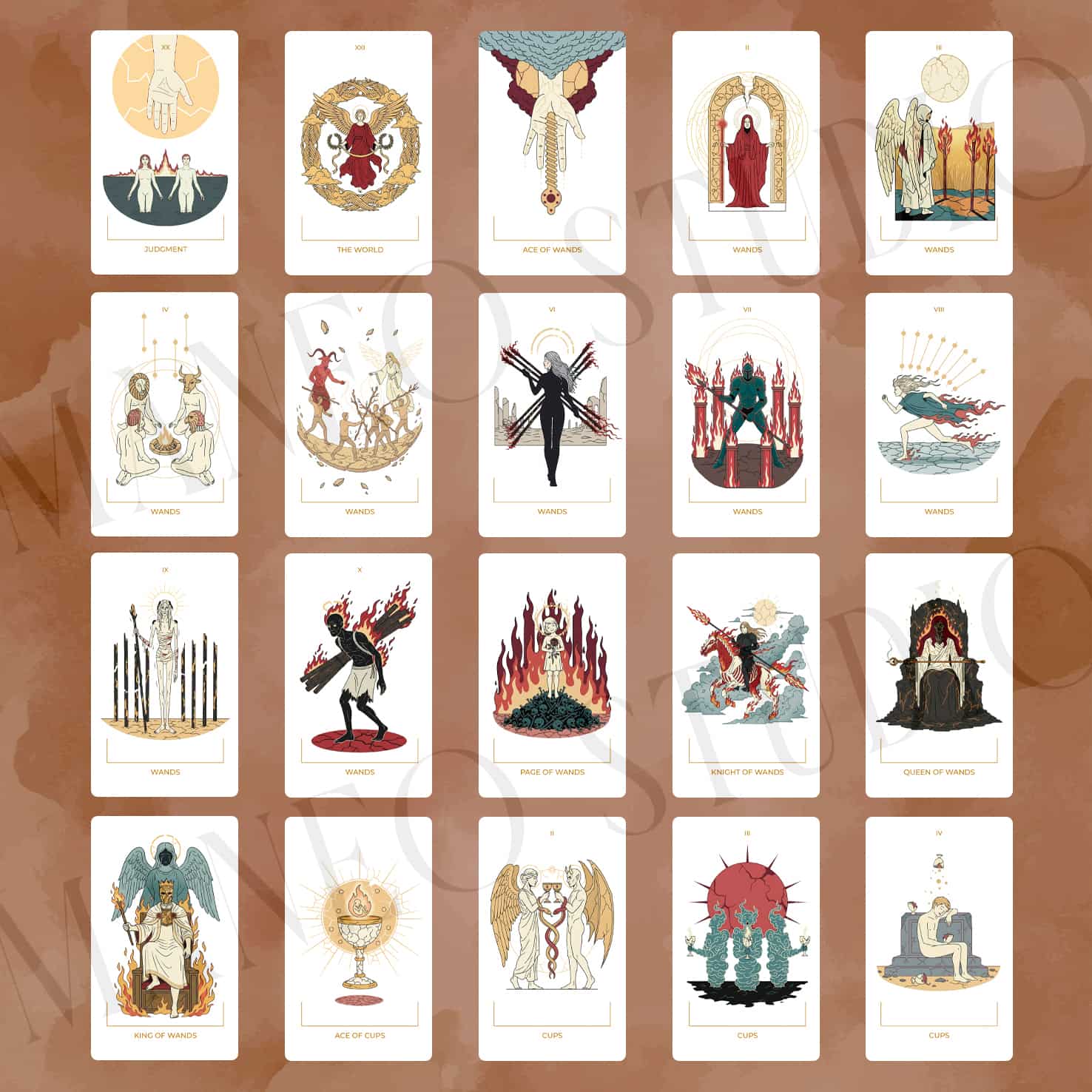 Seraphim Tarot card gallery showing Judgment, The World, the full Wands suit, and the first four Cups cards.