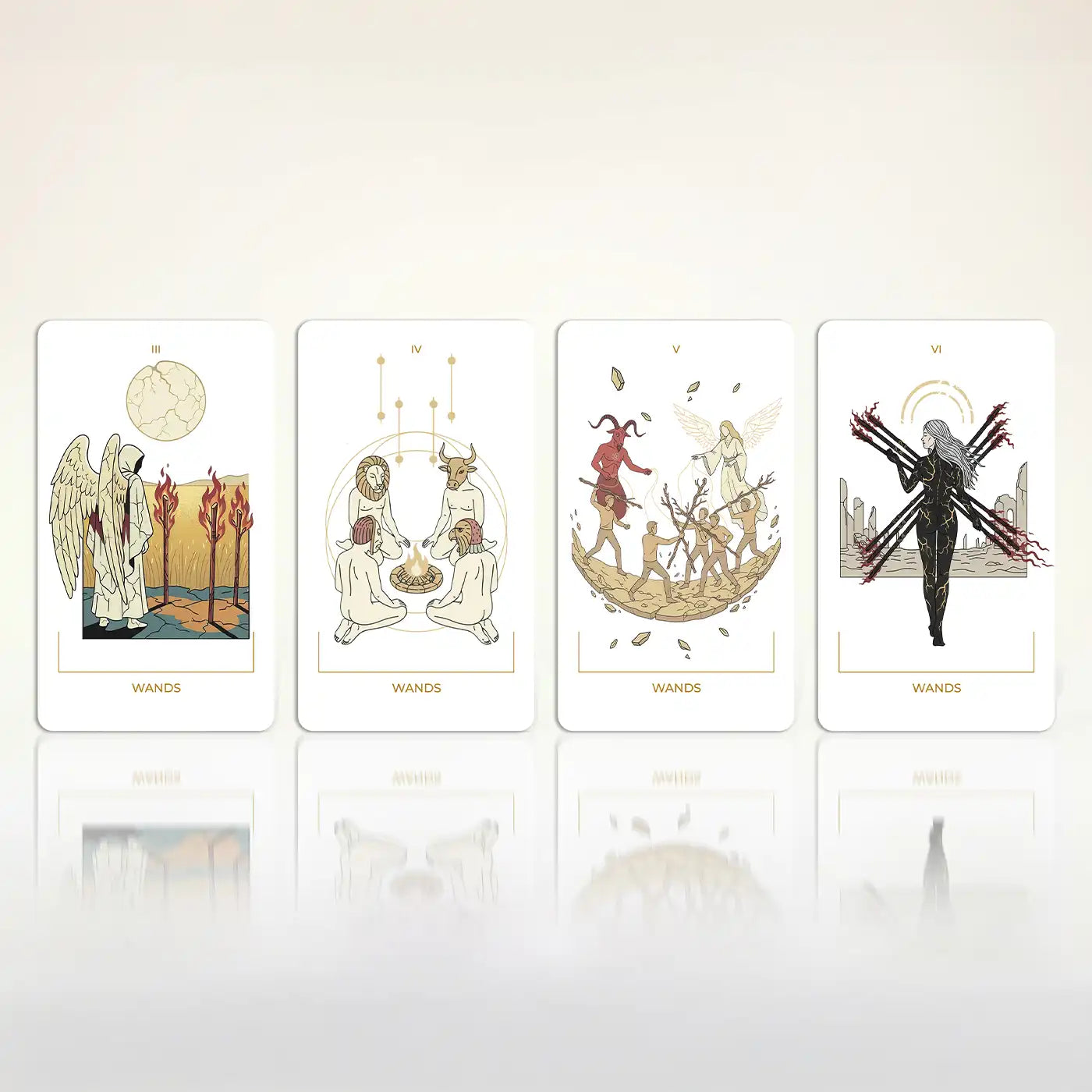 Seraphim Tarot Wands cards showing Three of Wands, Four of Wands, Five of Wands and Six of Wands