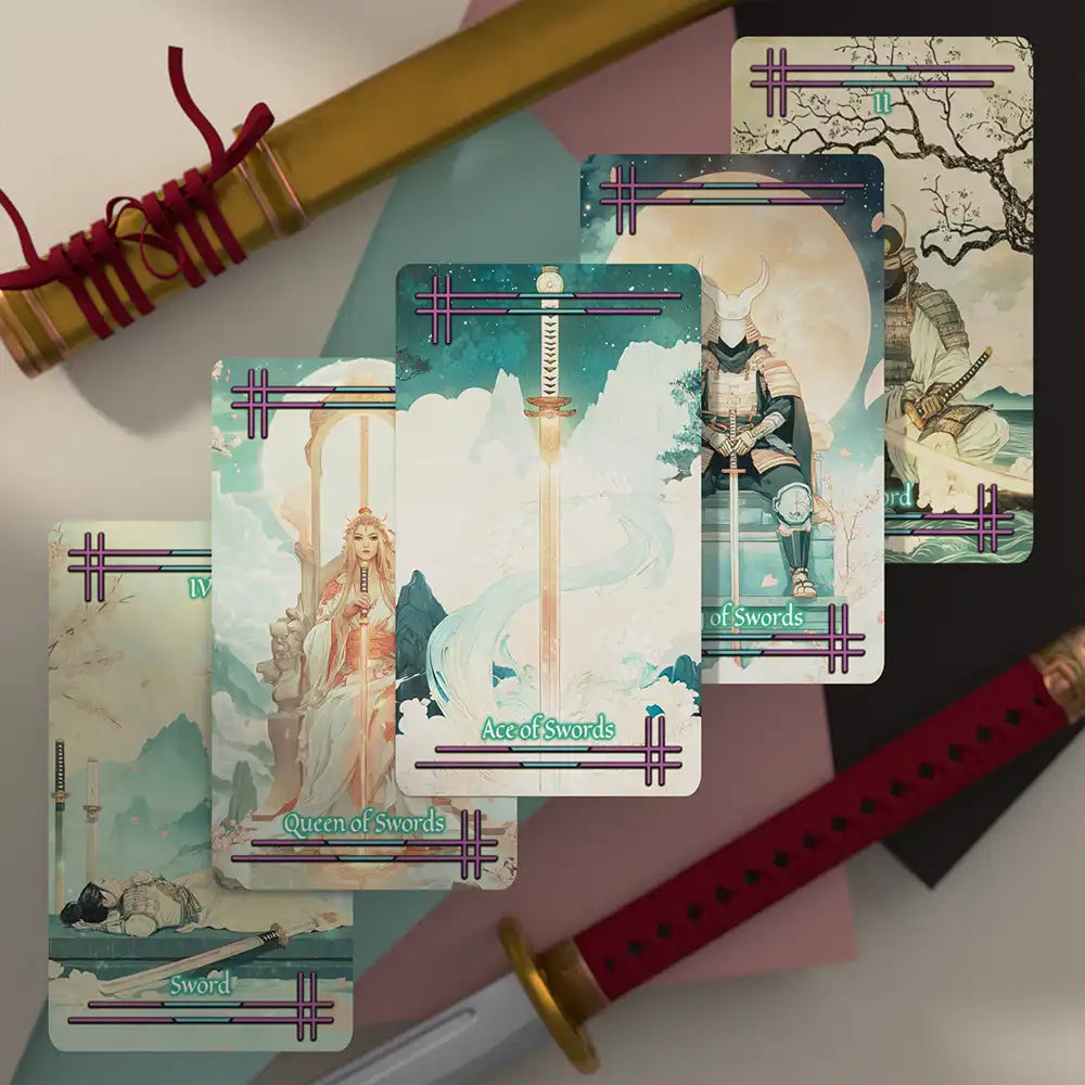Swords suit tarot cards from the Tabi no Kokoro deck, in cool turquoise tones, showing samurai and sword-themed illustrations.