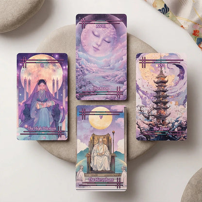 Tabi no Kokoro (Tarot Rider–Waite, 78 Cards, 350gsm Matte, Black Edges, Pink Metallic Foil) - ManeoShop