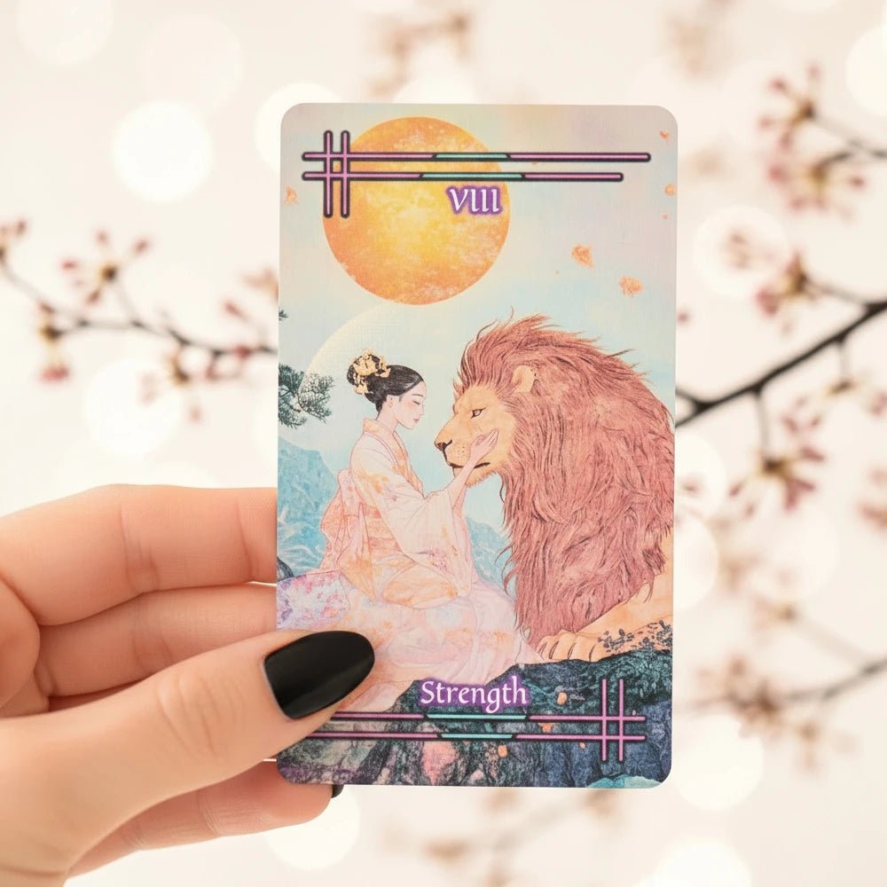 Hand holding Tabi no Kokoro Tarot Strength card, woman in kimono with a lion, cherry blossom background