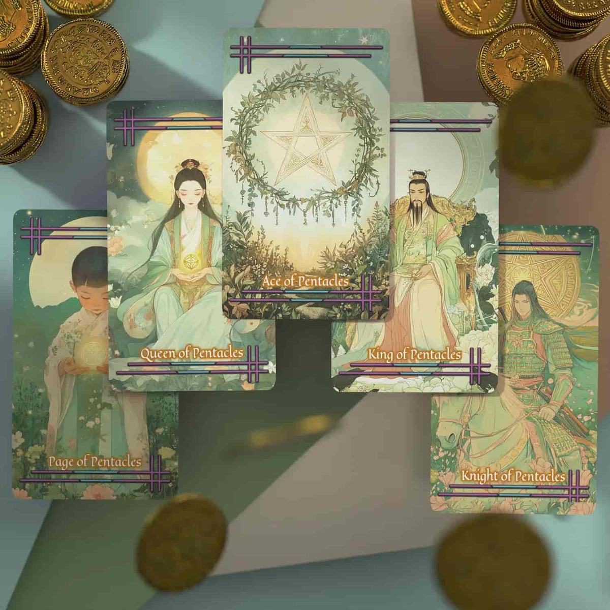 Set of tarot cards featuring figures and symbols on a table with gold coins.