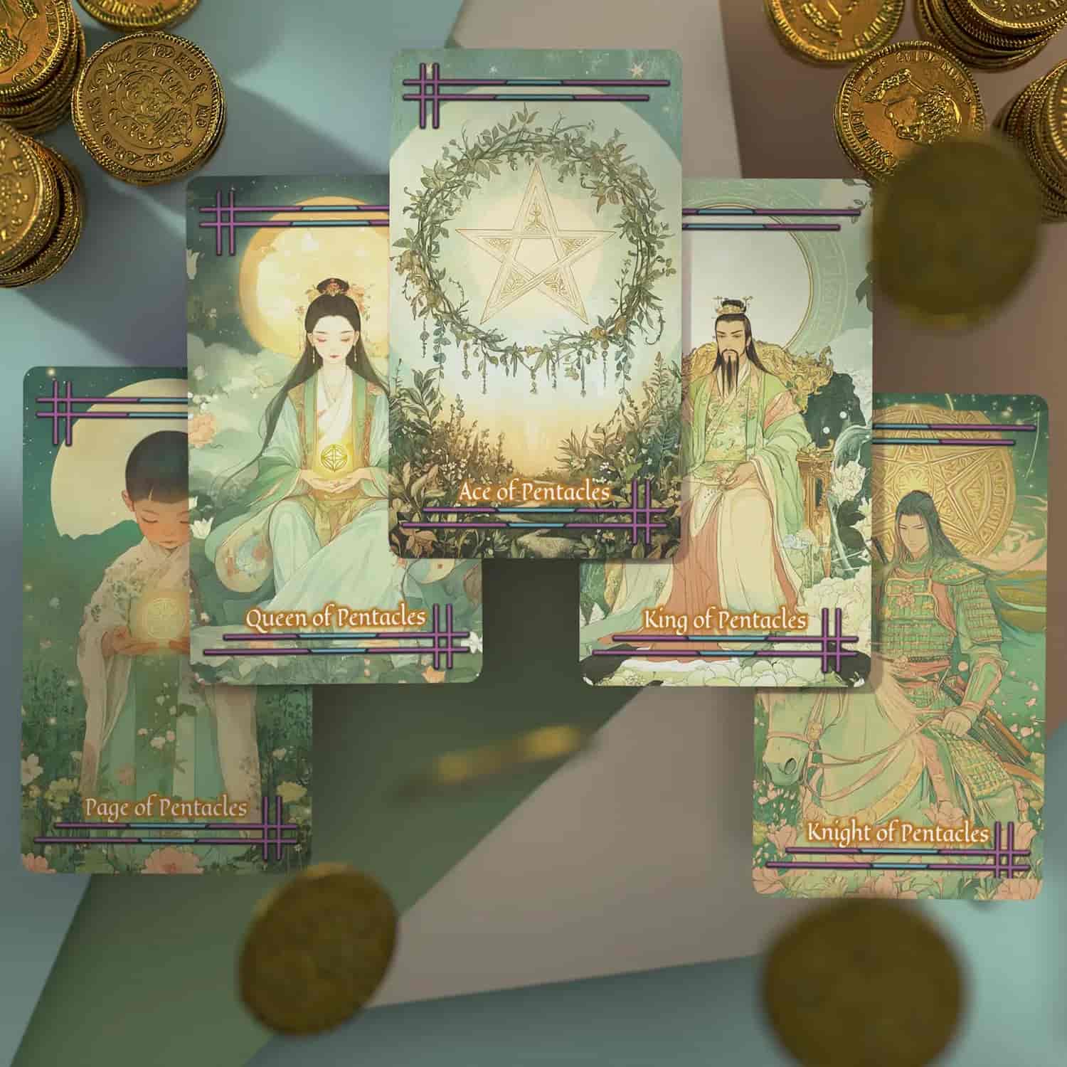 Set of tarot cards featuring figures and symbols on a table with gold coins.