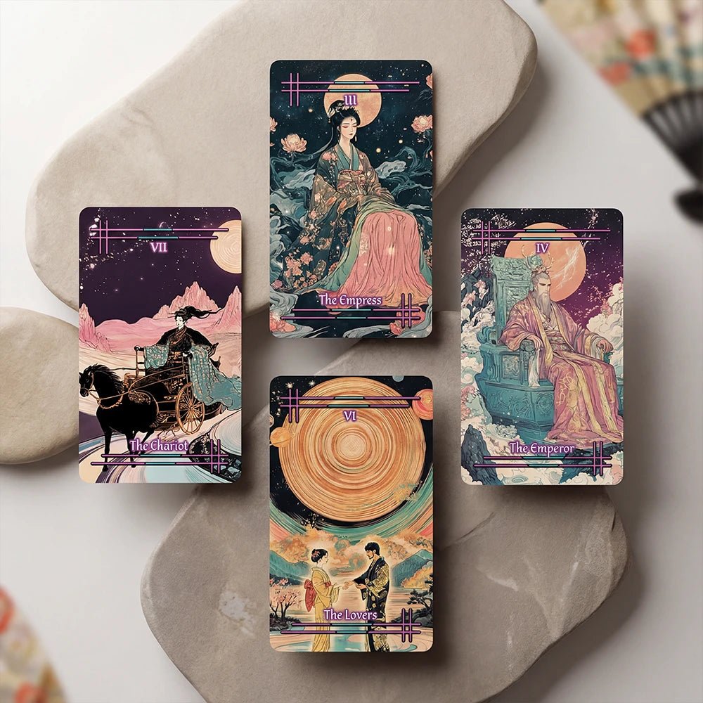 Tabi no Kokoro Tarot cards The Chariot, The Empress, The Lovers and The Emperor on stone