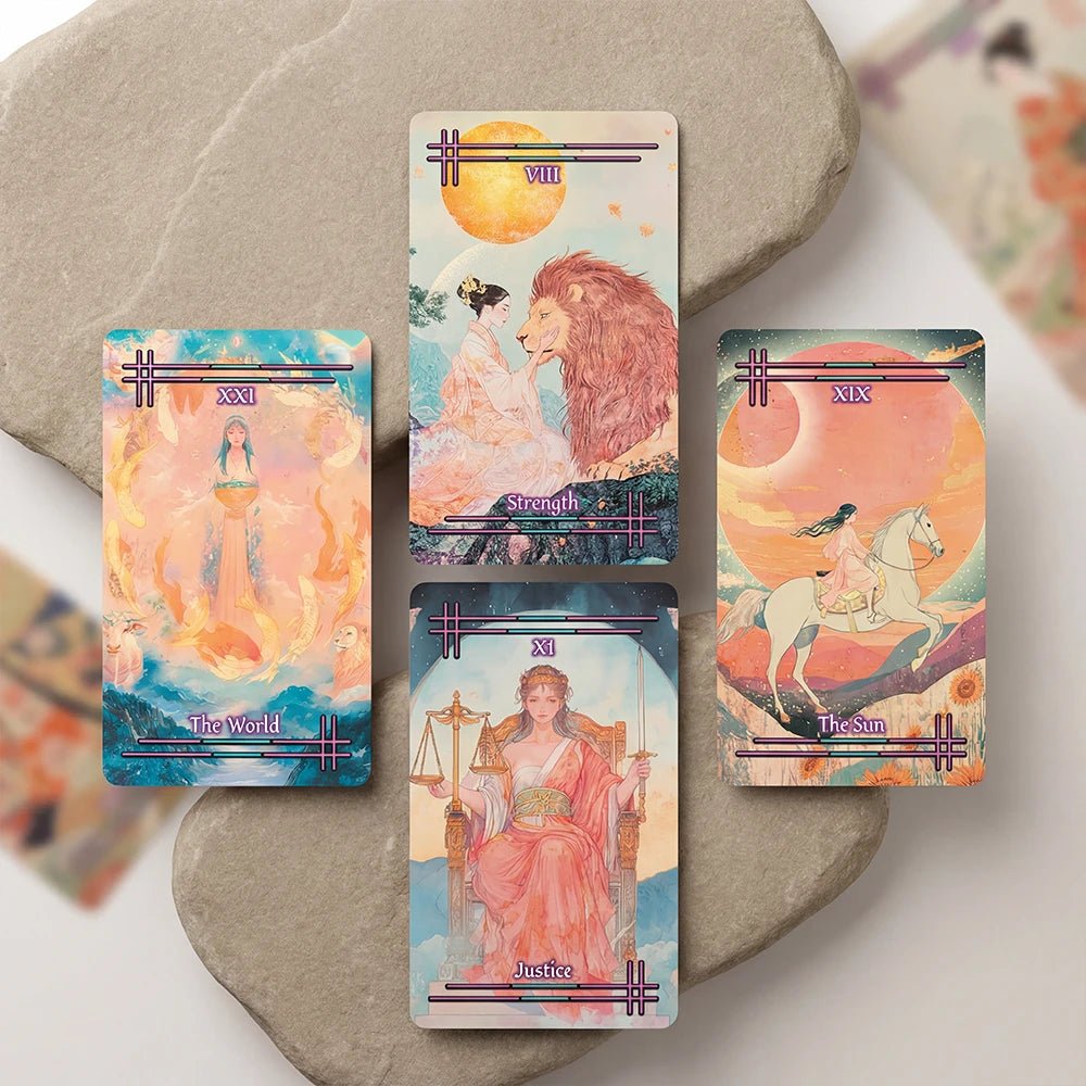 Tabi no Kokoro (Tarot Rider–Waite, 78 Cards, 350gsm Matte, Black Edges, Pink Metallic Foil) - ManeoShop