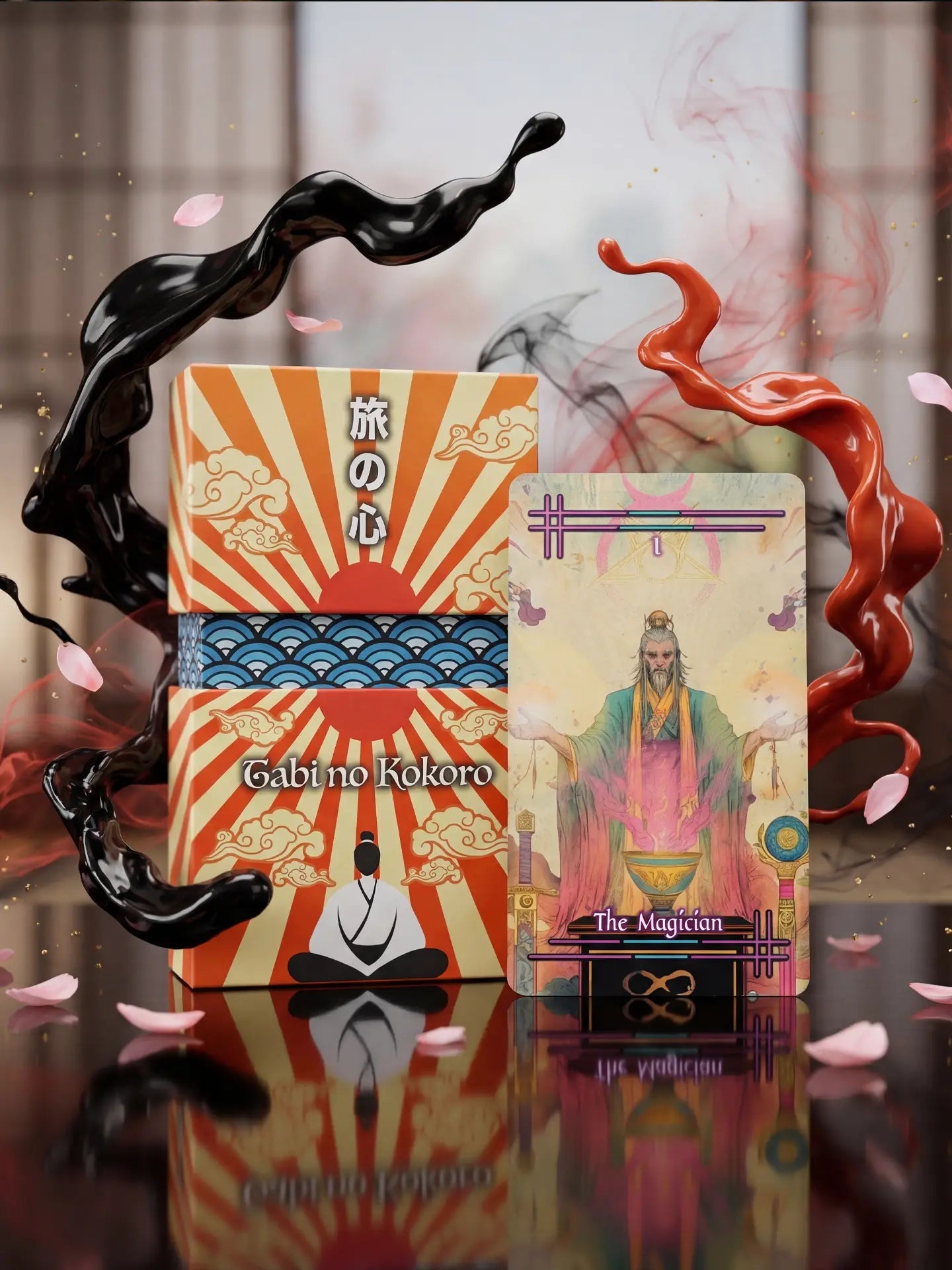 Tabi no Kokoro (Tarot Rider–Waite, 78 Cards, 350gsm Matte, Black Edges, Pink Metallic Foil) - ManeoShop
