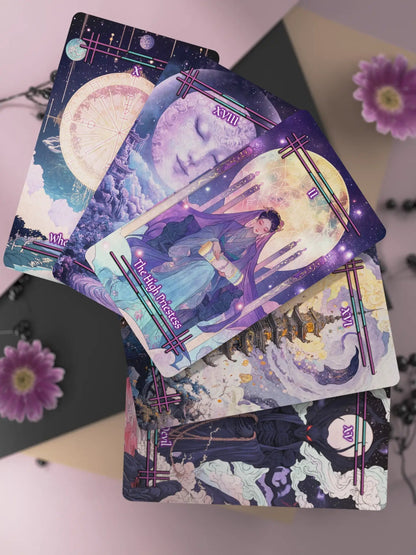 Tabi no Kokoro (Tarot Rider–Waite, 78 Cards, 350gsm Matte, Black Edges, Pink Metallic Foil) - ManeoShop