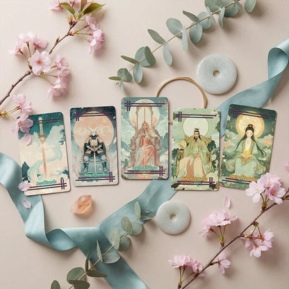 Tabi no Kokoro (Tarot Rider–Waite, 78 Cards, 350gsm Matte, Black Edges, Pink Metallic Foil) - ManeoShop