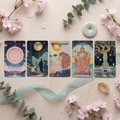 Tabi no Kokoro (Tarot Rider–Waite, 78 Cards, 350gsm Matte, Black Edges, Pink Metallic Foil) - ManeoShop