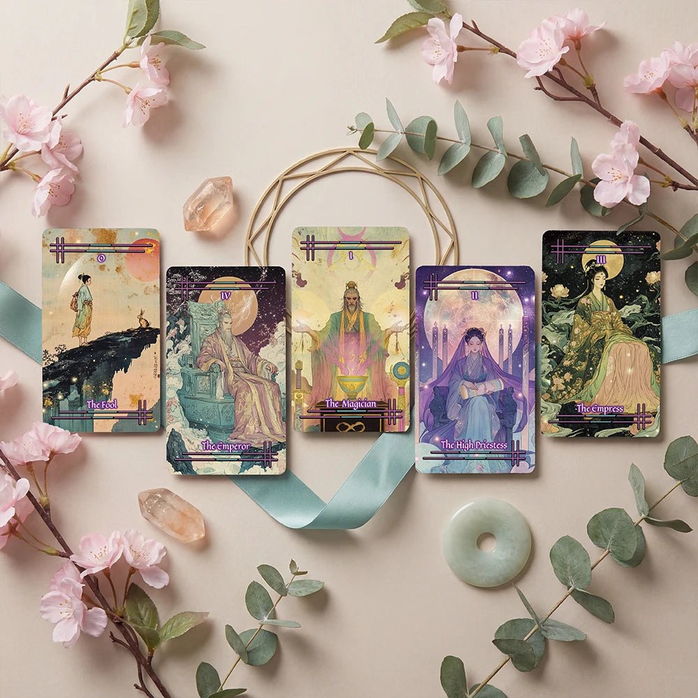 Tabi no Kokoro (Tarot Rider–Waite, 78 Cards, 350gsm Matte, Black Edges, Pink Metallic Foil) - ManeoShop