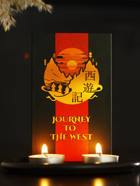 Tarot deck cover of 'Journey to the West' with candles on a dark background