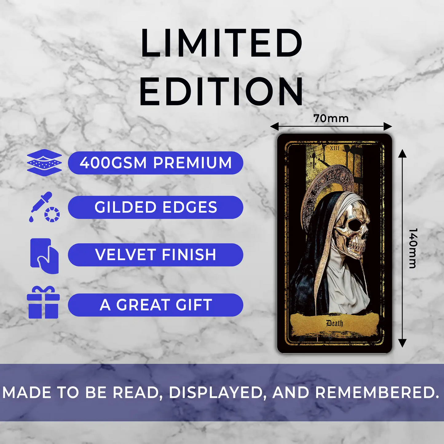 Limited edition card with gilded edges, velvet finish, and dimensions on a marble background.