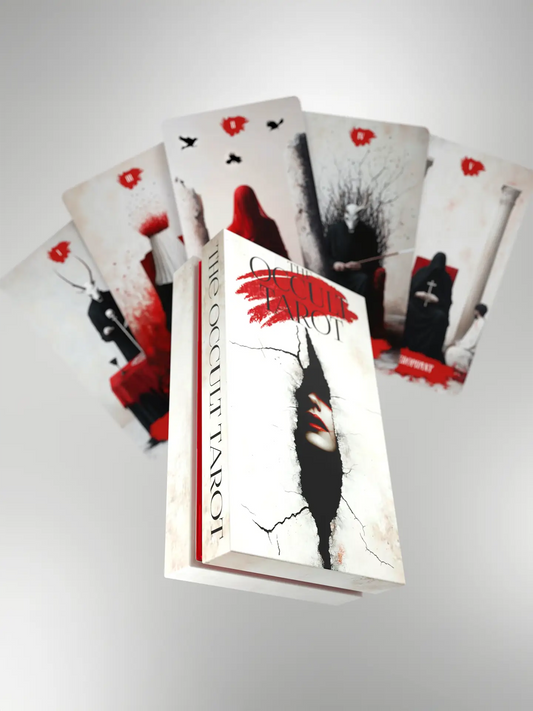 tarot deck arcana obscura with graphic design on cover, surrounded by tarot cards with red gothic artwork