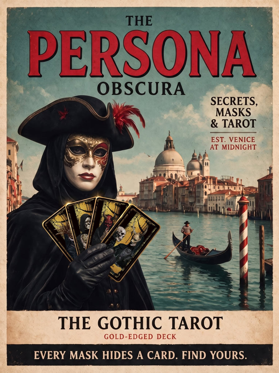 Persona Obscura Venice poster: a woman in a gold Venetian mask holds four tarot cards on the Grand Canal