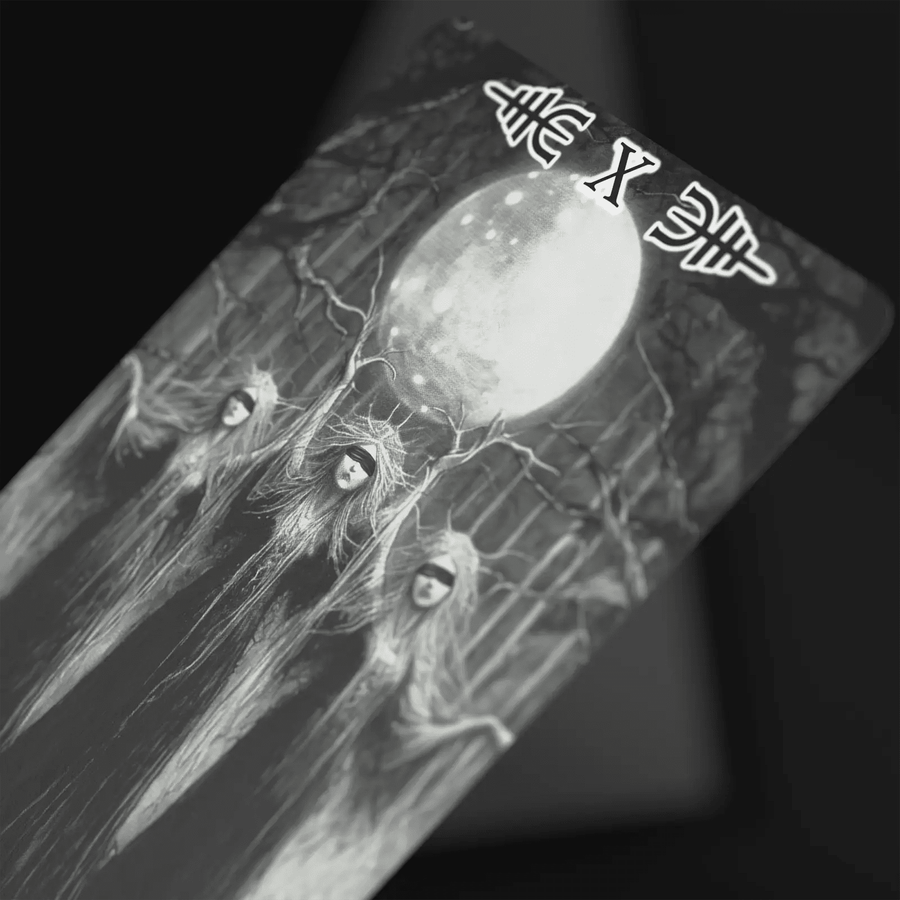 Viking Valor Tarot card X, monochrome Norns weaving fate beneath a full moon