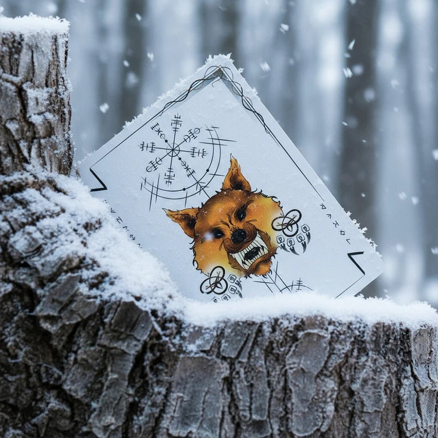 Völuspá Viking playing card with snarling wolf and Vegvisir rune compass, on a snowy tree stump