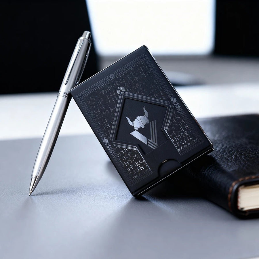 Völuspá Viking playing cards box, black and silver with runes and horned helmet emblem