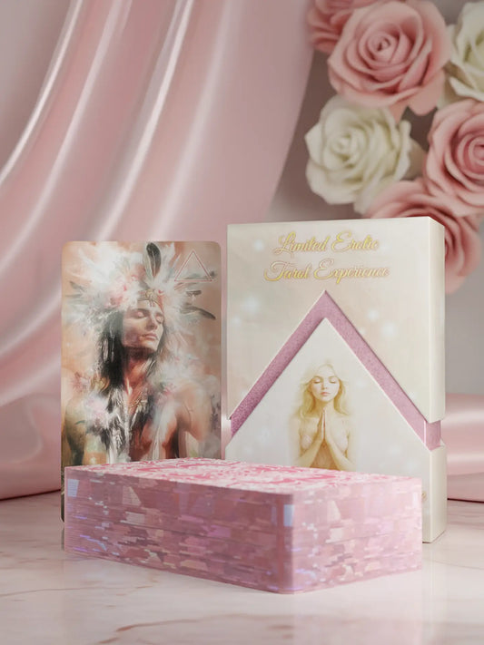 box with pink foil with images of a woman and cards with pink edges background with flowers.